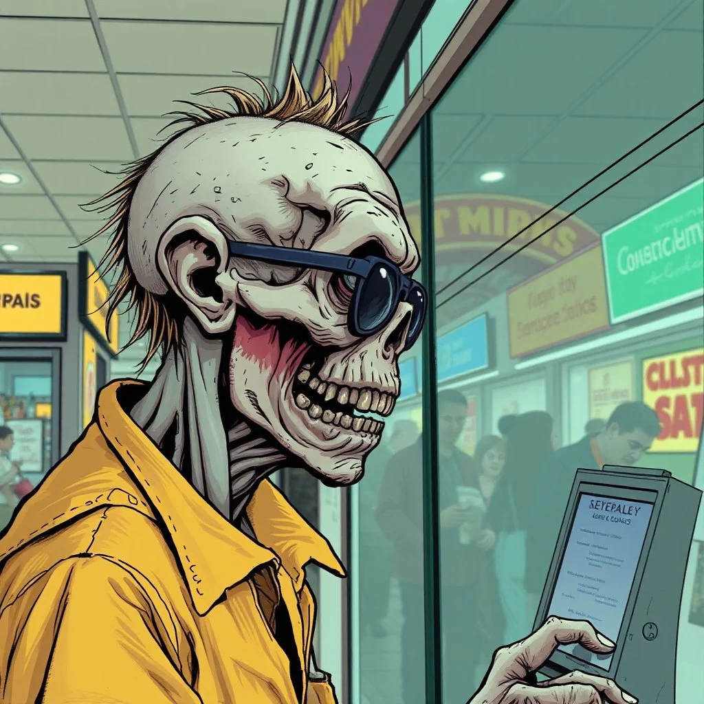 long shot profile decaying shambolic zombie in an 1980's mall at a sunglasses kiosk who is looking into mirror with sunglasses on, by Simon Bisley, digital illustration