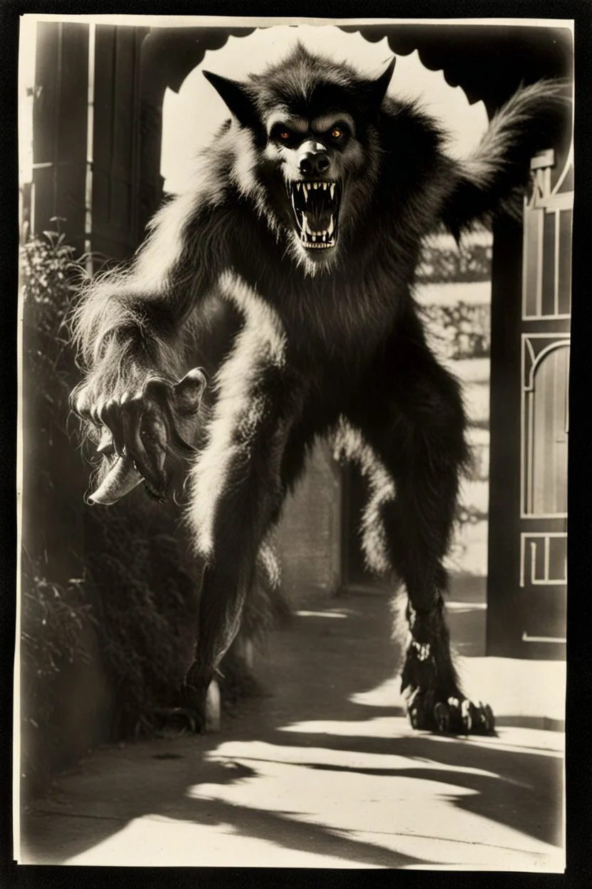 Photograph of a werewolf prowling a Hollywood movie lot. B/w, date approximately 1922.