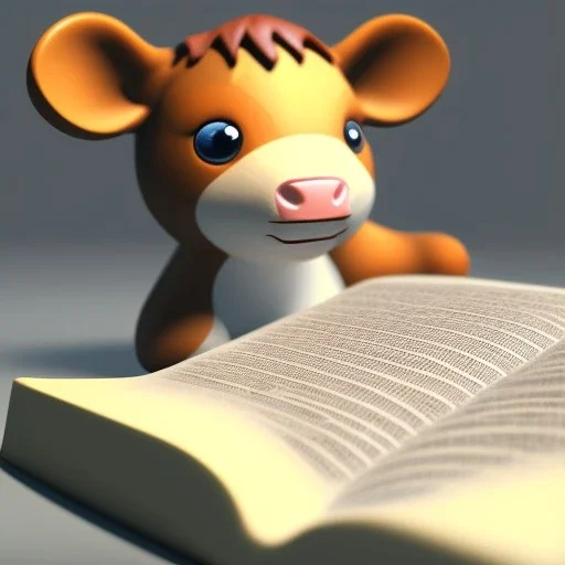 Tiny cute cow toy, reading a book, 3d blender render