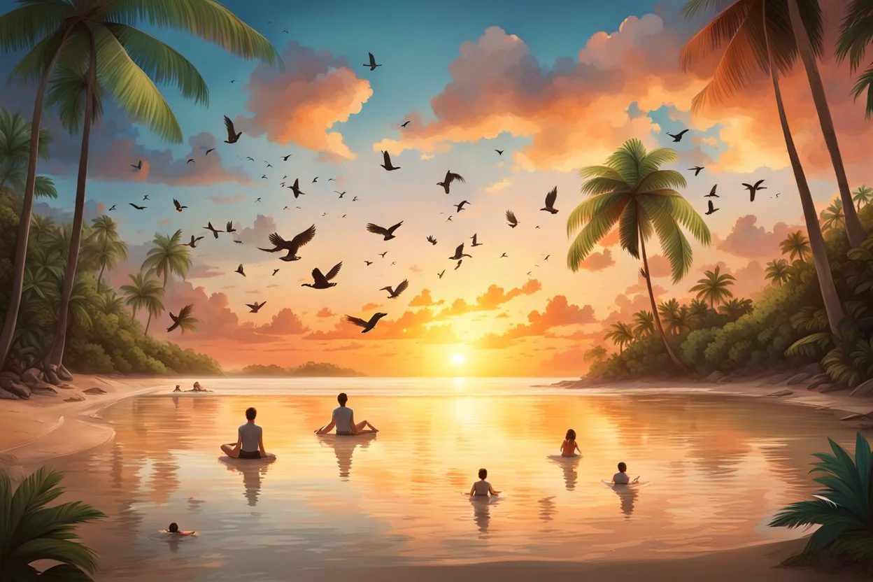 families sitting on a beach lagoon, birds in the sky, sunset, tropical forest