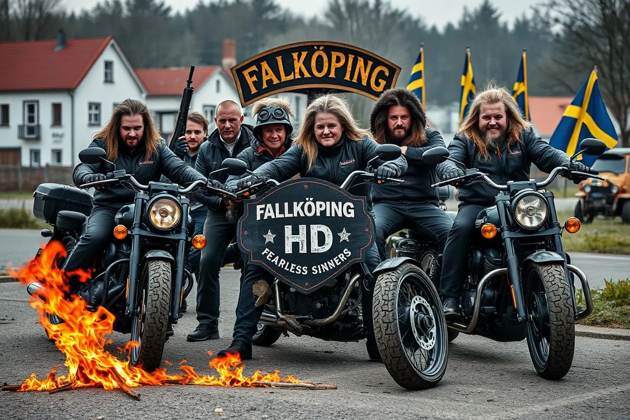a very hard and tuff motorcycle young gang with Keltic hair , not old, posing with their Harley Davidsson bikes, some of them holding guns and shotguns, a logo sign with "FALKÖPING HD", "FEARLESS SINNERS" Skulls and bones, skeletons and fire, Swedish town Falköping in background, Swedish flags on bikes, Simon Stålenhag style