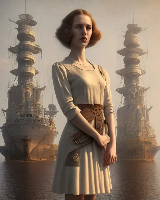 sepia young girl wearing white dress standing in shipyard, 1930s, potholes on road, ramshackle, crows, 8k resolution, high-quality, fine-detail, intricate, digital art, detailed matte, volumetric lighting, dynamic lighting, illustration, 3D octane render, brian froud, howard lyon, selina french, anna dittmann, annie stokes, lisa parker, greg rutowski,