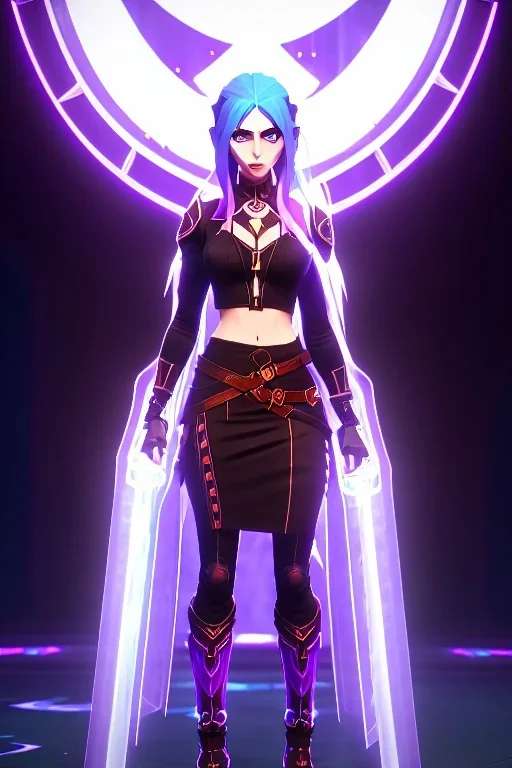 female sorcerous, lathe build, wearing transparent purple skirt, thigh high boots and crop top, big detailed eyes, eyes are both in proportion, eyes with pupils, 3/4 look, long blonde hair with a purple streak, small up turned nose, large breasts, small waist, round butt, standing, dark cobblestone alley, one halo white light behind head, non photorealistic rendering in the art style of j.scott campbell