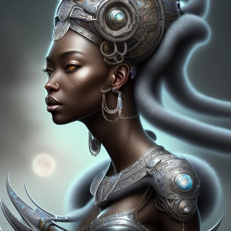 sango fantasy, fantasy magic, intricate, sharp focus, illustration, highly detailed, digital painting, concept art, matte, masterpiece head sexy view black African beauty black afro hair space lady silver sheepskin African princess Goddess