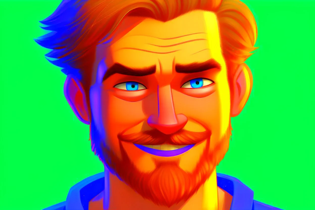 Happy Andrew Garfield with a beard and blue eyes in Pixar style