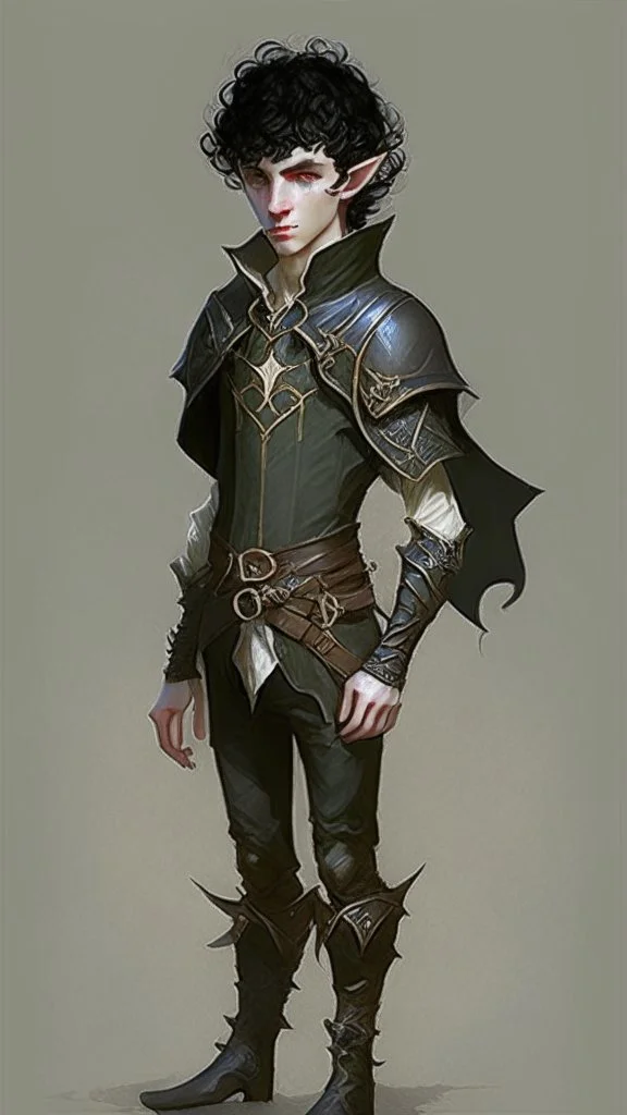 boy elf,he has curly, black hair and sharp cheekbones. His eyes are black. He wears fantasy medieval clothes. he is lean and tall, with pale skin, full body with boots, side view full body side body