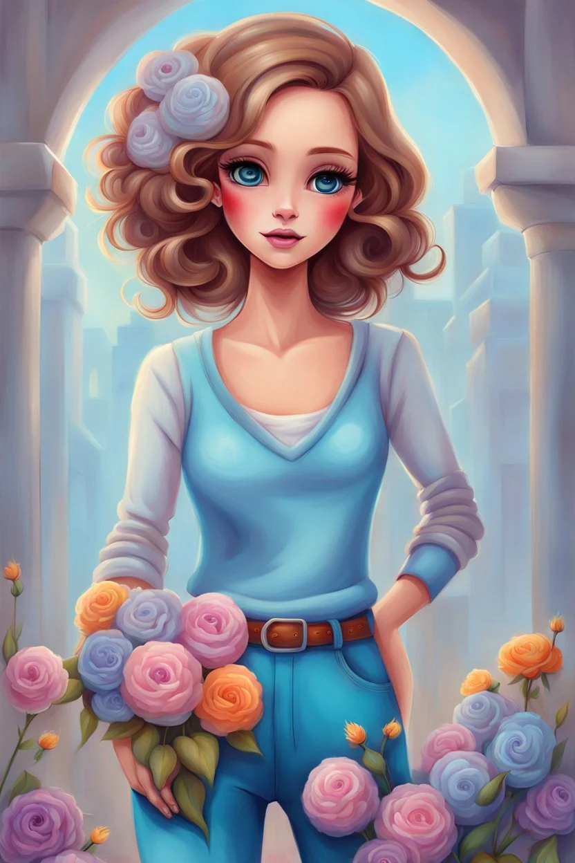 Painting a haughty beautiful woman,standing on a sidewalk, light bleu sweater, bleu long pants, brown shoes, bouquet of flowers in her hand, digital painting, fantasy art, pretty face, inspired by Jeremiah Ketner, illustration, anime portrait, barbie face, big eyes, bright eyes,kijkt achterom