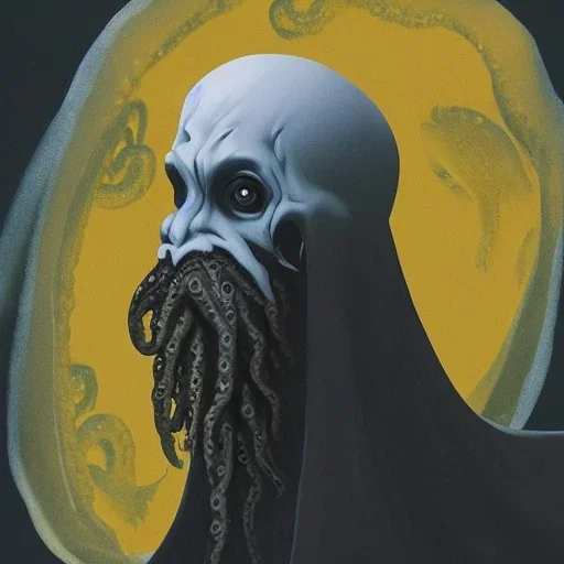 Picture of Cthulhu with white skin and a beard made of fleshy tentacles as a Russian Orthodox nosferatu vampire with yellow eyes and vampire fangs