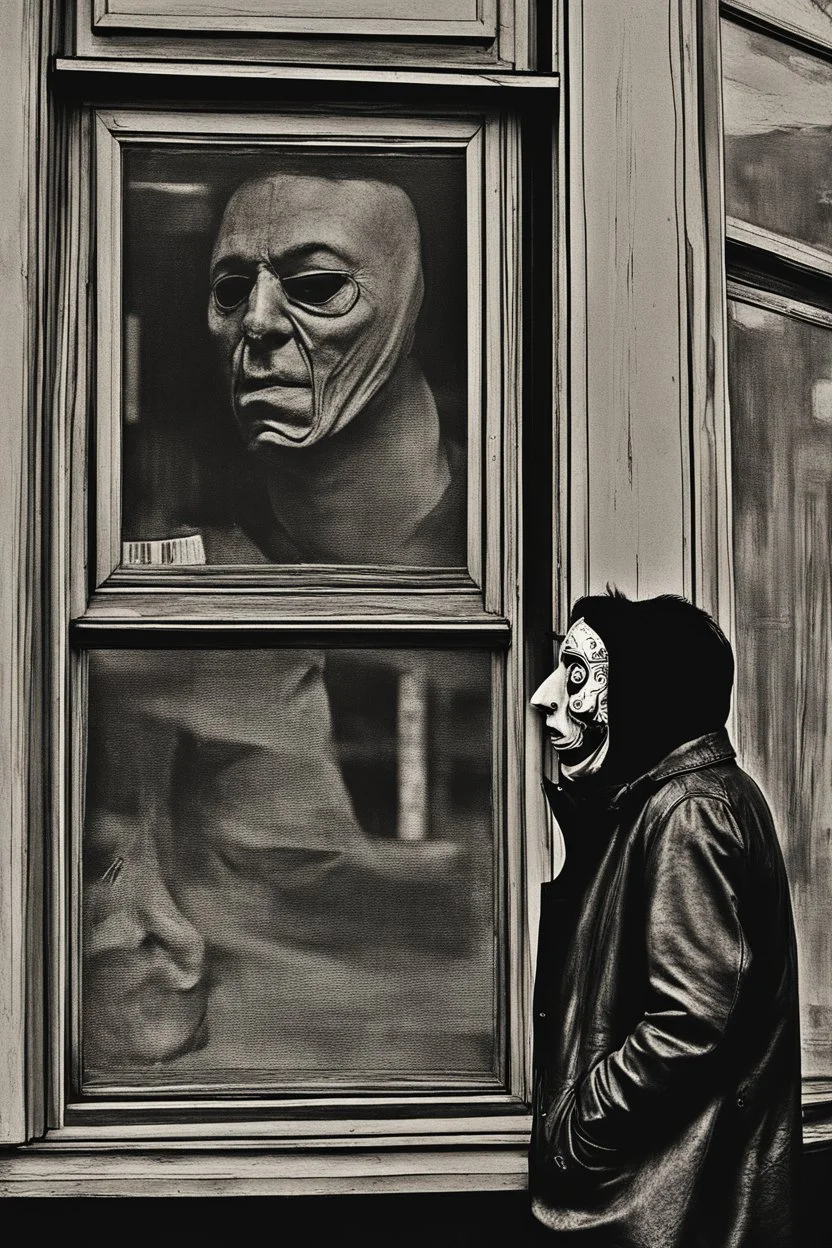 realism, street, russian depression, music album, from the window, depression, russian 90, post punk, man with old god mask, poster