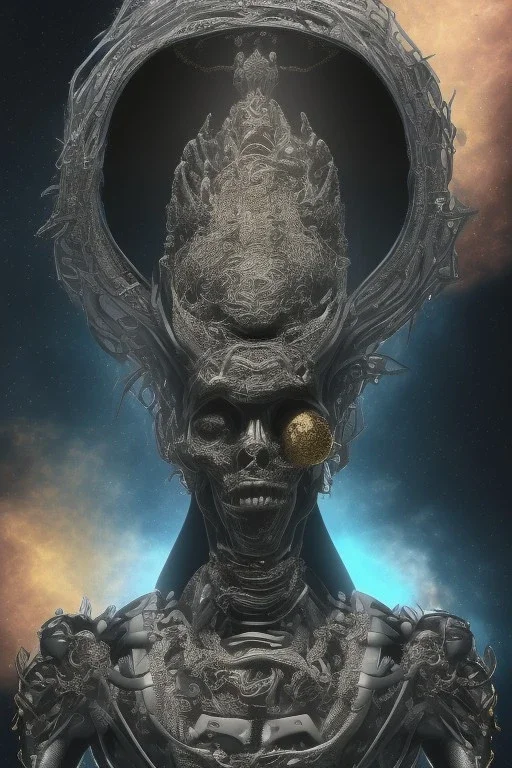 black male African alien, cracks in the voodoo head, wicked, Asian eyes, crown, blood, 8k, finely detailed, photo realistic, Boris Vallejo style turquoise skull head gold dragon space alien rain skeleton gold tooth silver helmet silver space suit spaceships