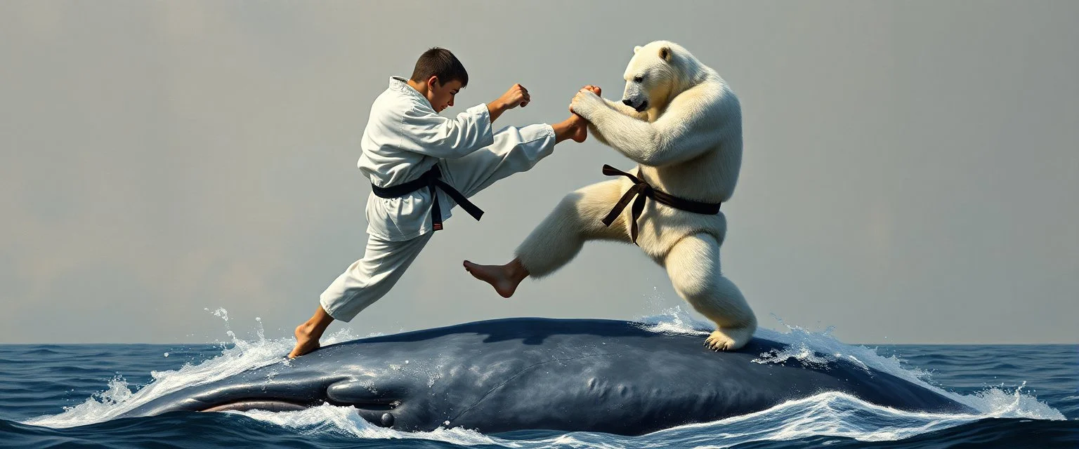 close up on karate kid in kick boxing polar bear match on top of whale, painted by rembrandt