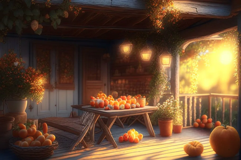 A cozy cottage porch terrace in sunshine with fairy lights hanging from the rafters fruits and food on a wooden table detailed matte painting