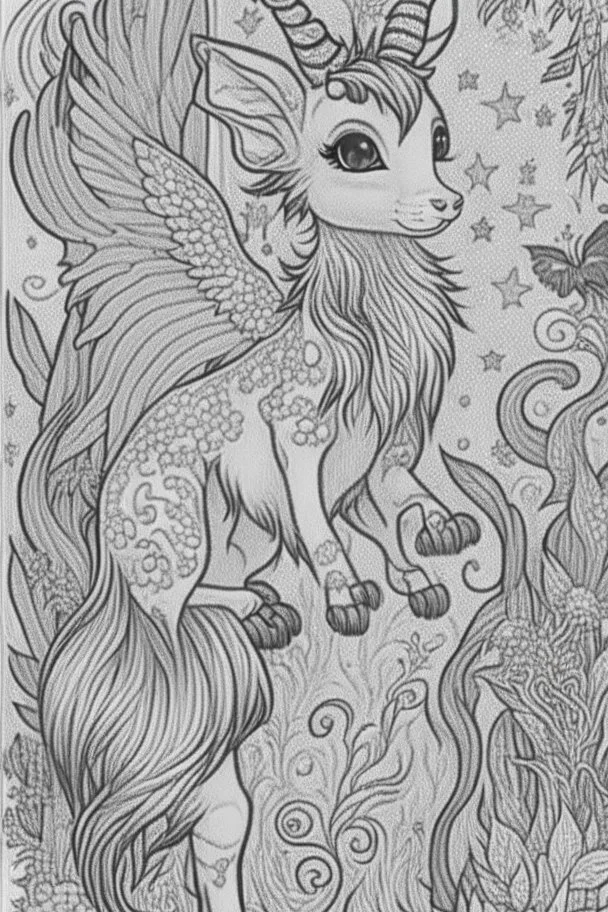 coloring book page of a magical animall, monochrome, blacn and white, sharp, sketch drawing