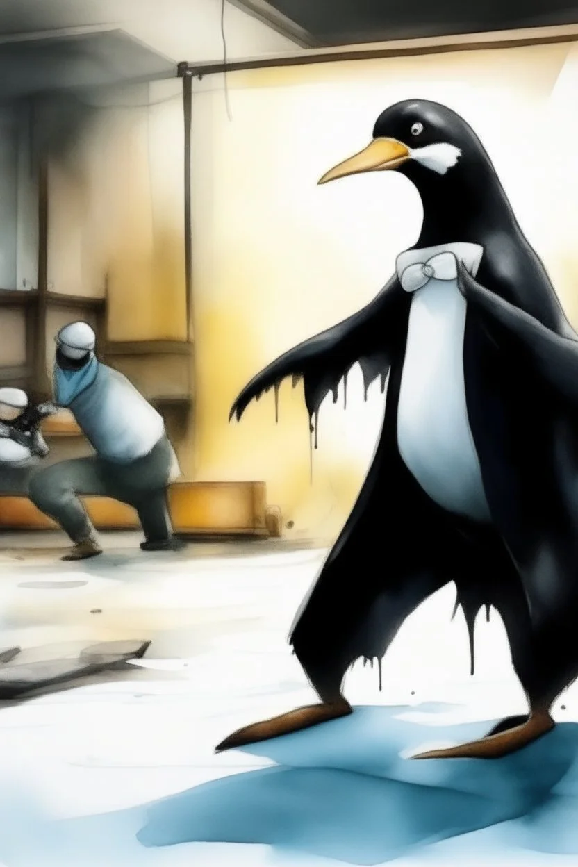 a penguin is an angry boss in a factory, atacking people with money. watercolor. fight, mortalkombat.