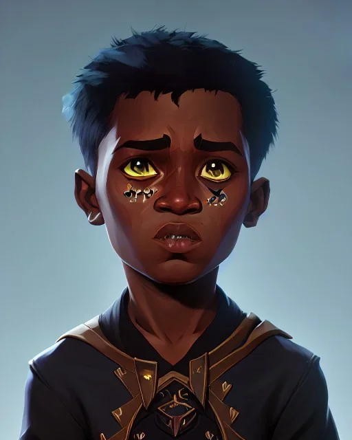 Portrait of a gorgeous black skinned toddler warlock boy with dark hair by Jim Kay