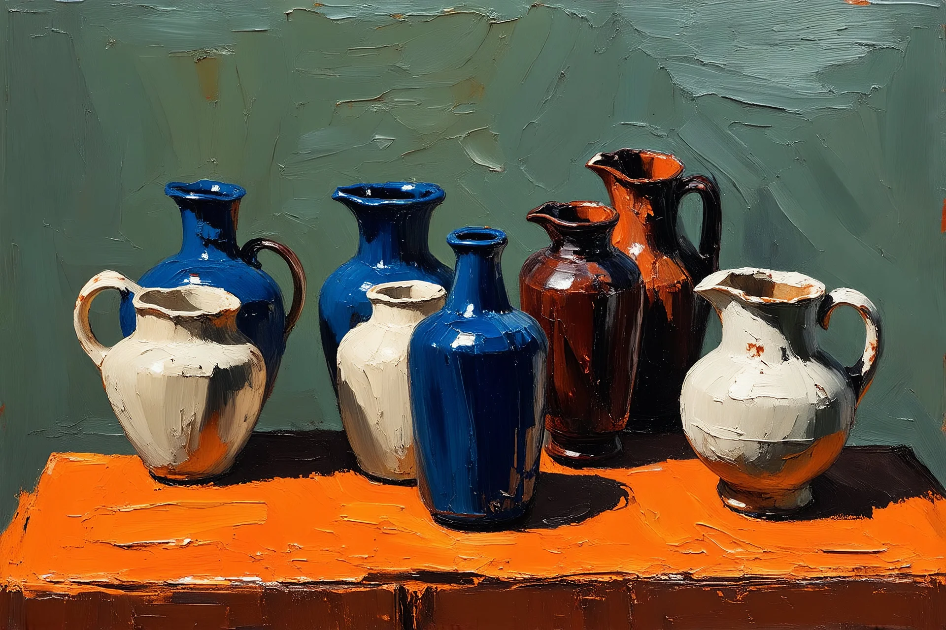 Thick impasto Oil painting of Vases and jugs in the style of frank Auerbach