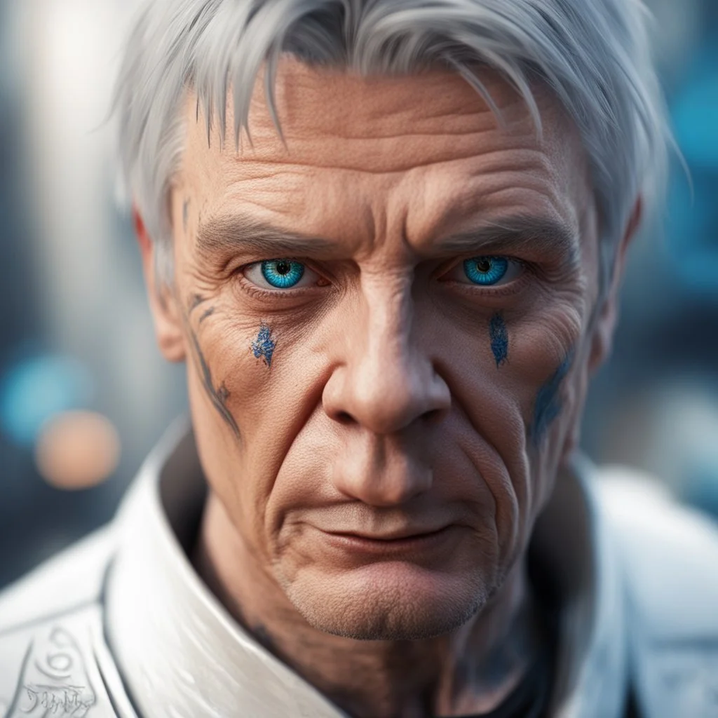 david icke as cyperpunk witchhunter with dark blue eyes and tattoed scars,bokeh like f/0.8, tilt-shift lens 8k, high detail, smooth render, down-light, unreal engine,bokeh like f/0.8, tilt-shift lens 8k, high detail, smooth render, down-light, unreal engine