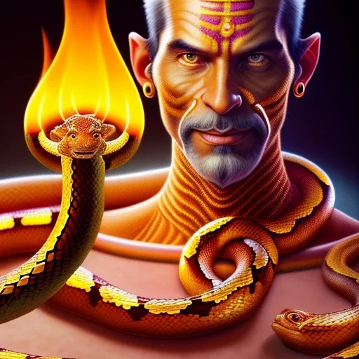 portrait of dhalsim with snake hair,flame, smoke, fence, yoga artist on a boat in the air, maze background , levitated lab equipment, 4k, Highly Detailed, Masterpiece, perfect eyes, Digital Illustration, Cinematic Lighting, Realistic, Sharp Focus, Centered, Beautifully Lit, Bioluminescent by Stanley Artgerm Lau