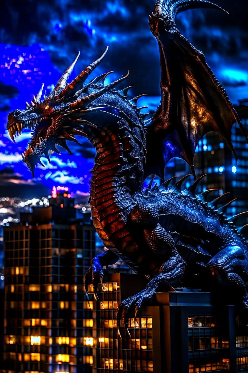 black dragon on top of a high rise building at night