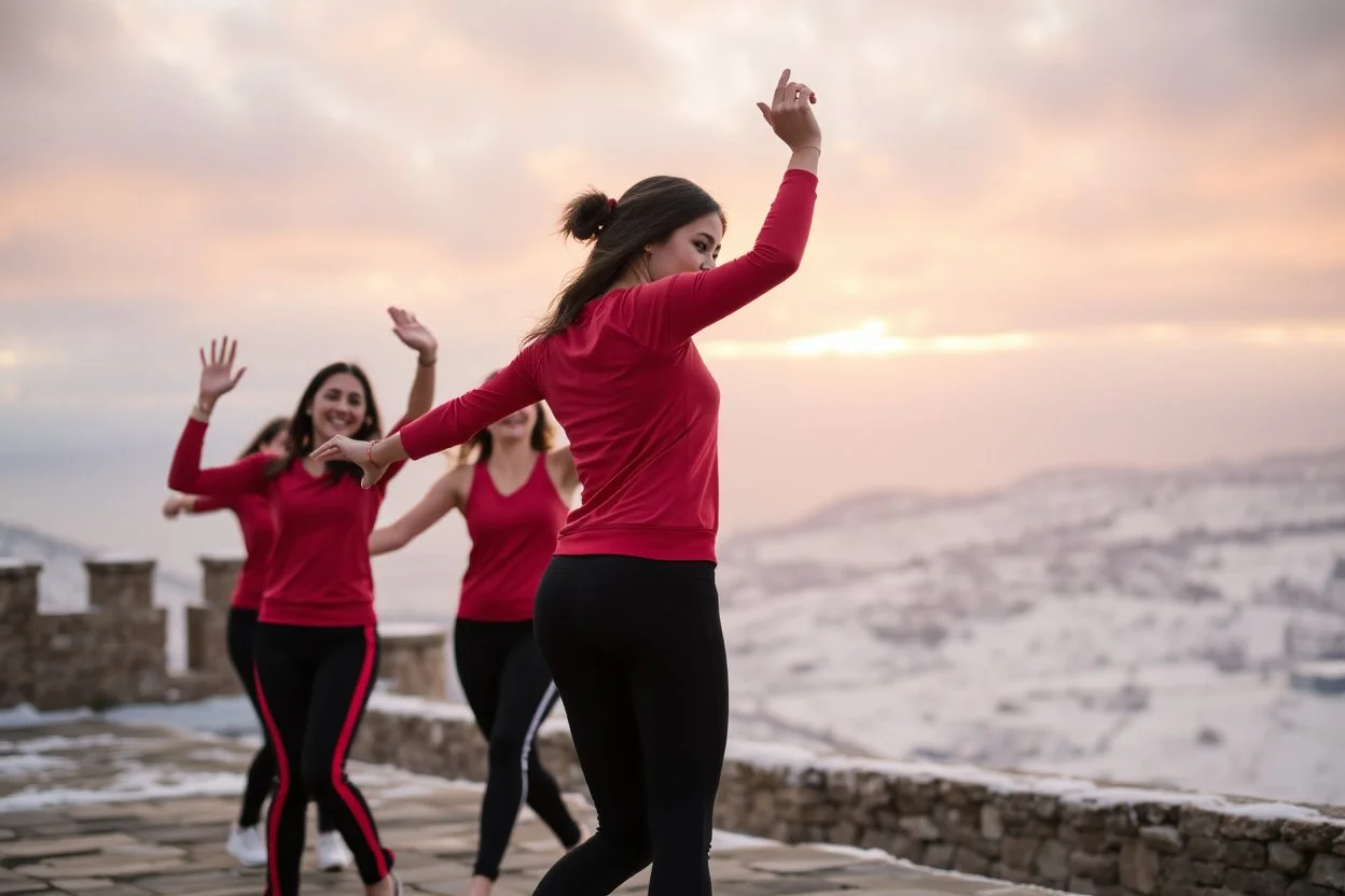 a group of Turkish young ladys in sports pants and blouse are dancing in Babak Castle in Iran west north ,cloudy sun set sky,snowy environment