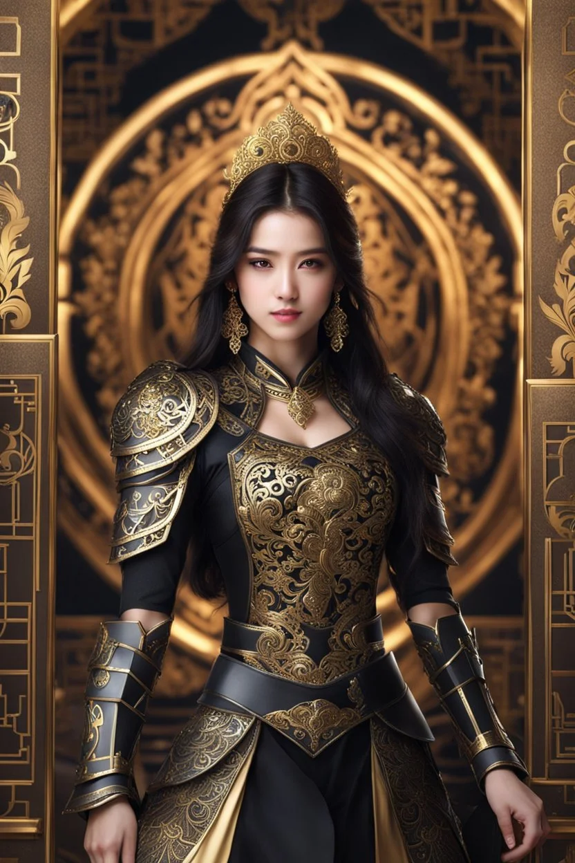 Realistic photography,front_view, (1girl, looking at viewer), black long hair,traditional dress ornaments mechanical_armor, intricate armor, delicate golden filigree, intricate filigree, black metalic parts, detailed part, dynamic pose, abstrac background, dynamic lighting