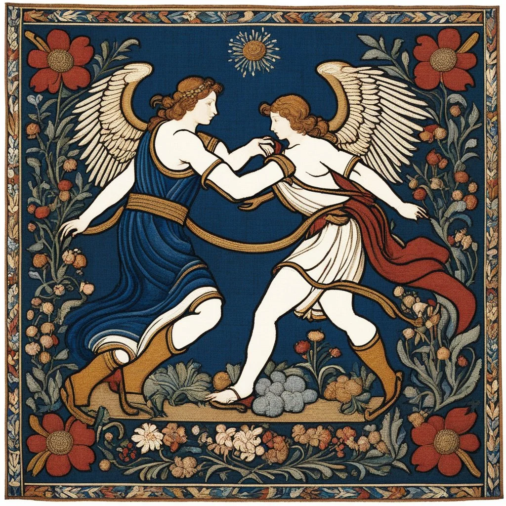 Jacob wrestling with angel from a series of six tapestries created in the style of mille-fleurs ("thousand flowers") and woven in Flanders from wool and silk, from designs, drawn in Paris around 1500