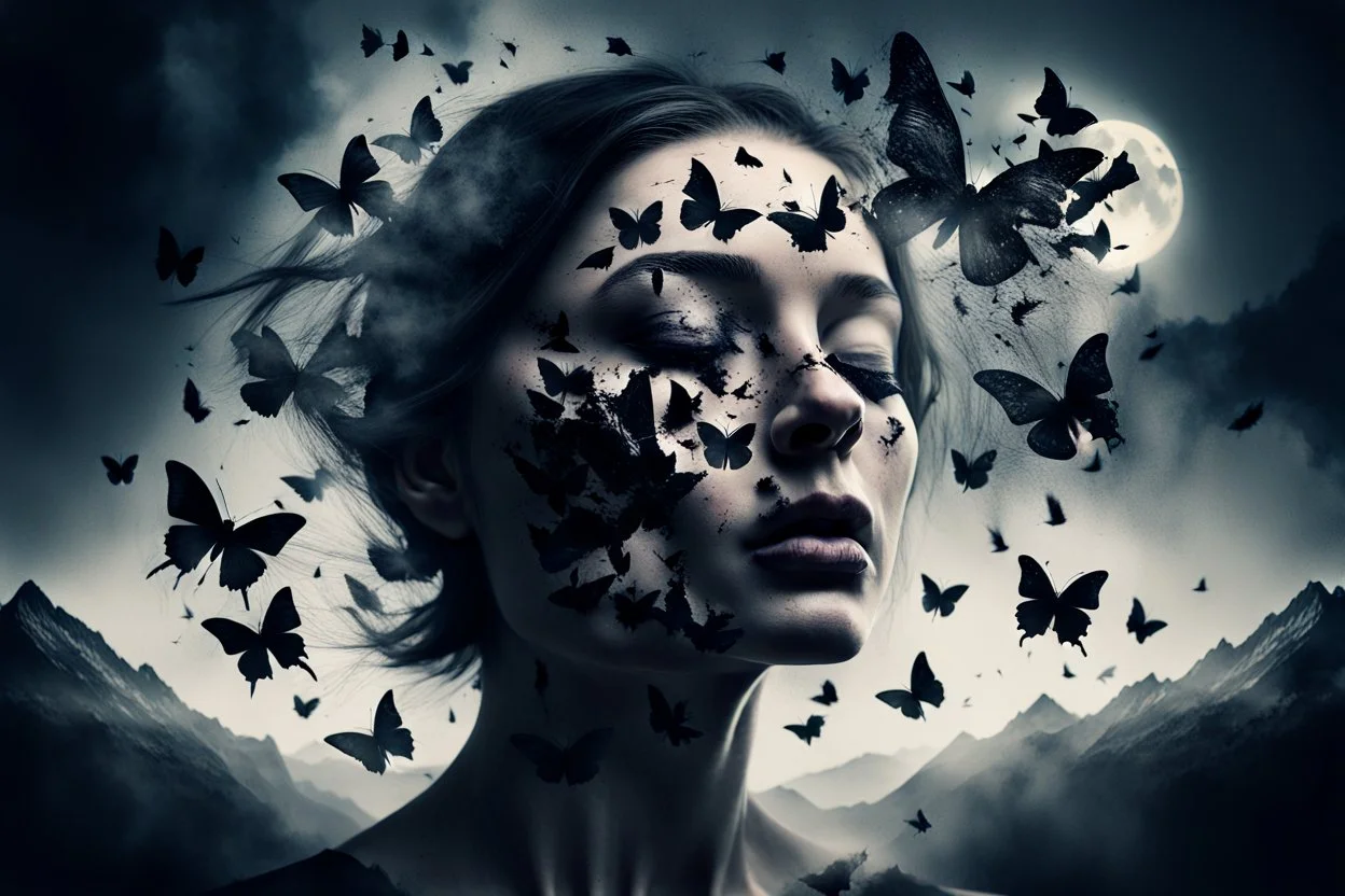 Double exposure image, facing the camera close up a closed eyes fade face woman portrait with shattered, cracked head out many black butterflies explosed in front of forehead and flying around and swirl, high mountains silouttes, pale moon, deep fade colors, soft lines, surreal mood, nightmare, melting painted, dramatic shadows, dark mood , fog, dark fantasy, dreamlike atmosphere, crepy stunning.