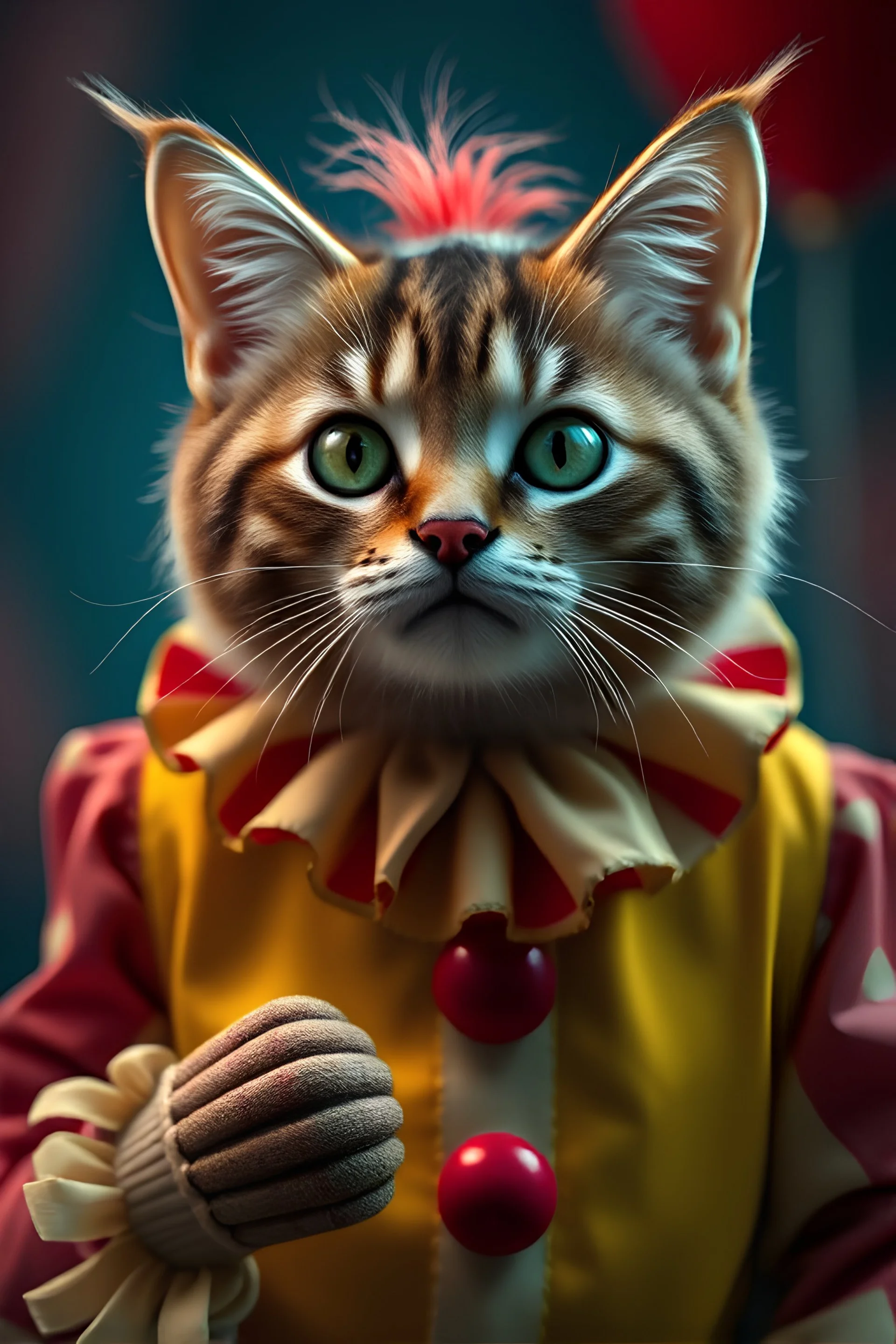 Photo Realistic, 8k. A hyper-detailed. A stunning concept model, Postproduction and HDR enhance, making it a masterpiece of ultra-realistic. Funny British breed cat in a clown costume from the movie It