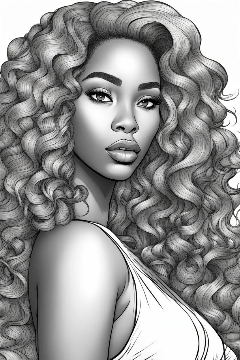 Create a coloring page of a beautiful curvy black female looking to the side with wavy hair. No shading, No color, clean lines