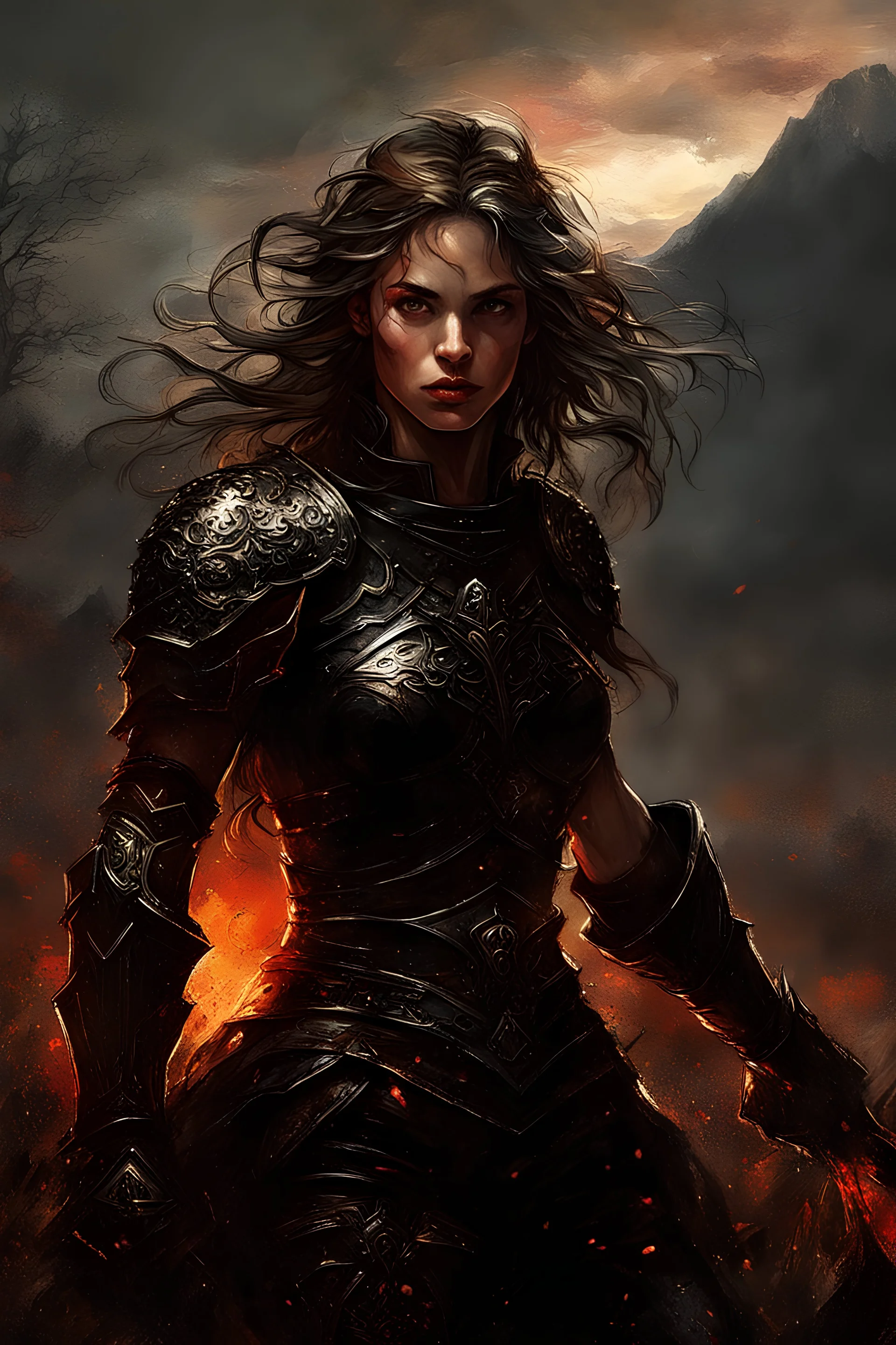 A formidable warrior girl in black armor, on the background Amazing gloomy landscape, flooded with sunset, mountains, trees, fabulous scary hero, , juicy emotions, painting, dark fantasy, bad weather, gloomy day, dark world, by Raymond Swanland & Alyssa Monks & Anna Razumovskaya & James Paick