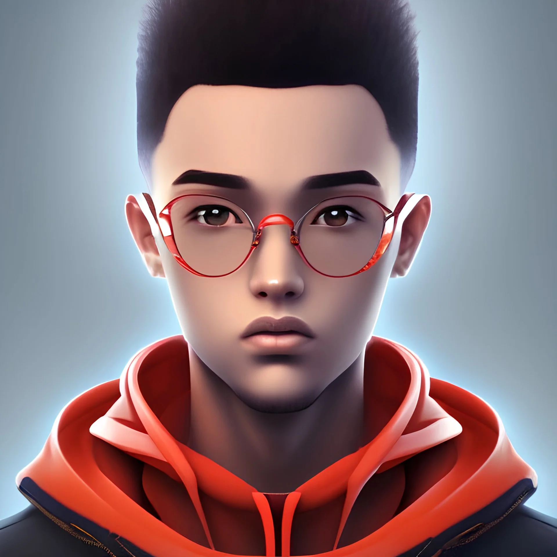 An anime-style profile picture with a mixed-race guy that is wearing a crimson hoodie and has curly hair