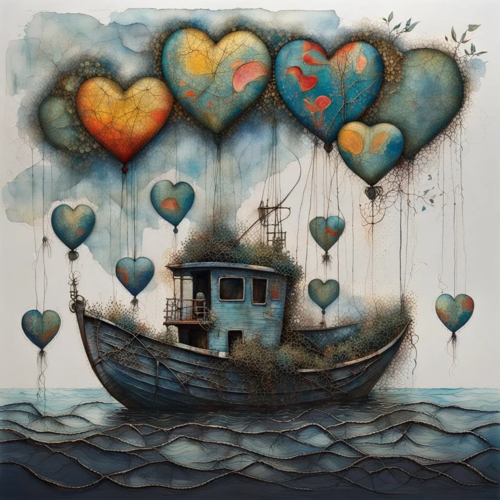 Abstract mixed media kintsugi art in intricately detailed and textured Seth Apter, Ernst Haeckel, Peter Wileman and John Hoyland style: "Fishing flying mantarays, fisherboat carried by heart-shaped balloons, overgrown with foliage and dangling vines, in an enchanted, magical, misty caribbean seascape, with colourful Yayoi Kusama textures, rainbow bubbles, in the clouds." Contemporary Art, incorporating collage and graphic shapes, with figurative and enchanted, mystical elements. By Susanne.