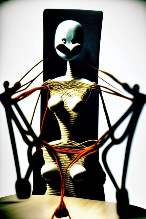 a surreal abstract image of a woman seated on a table,facing to the front ,she is connected to string like a puppet, arms in air, moved by the strings, puppet like features in the face, beautiful face, behind her also facing the front is the puppet master,is a huge image of a man holding the strings, creepy gothic character,.zoomed in, dark and shadowy background with selective lighting on the woman, gothic and chaotic