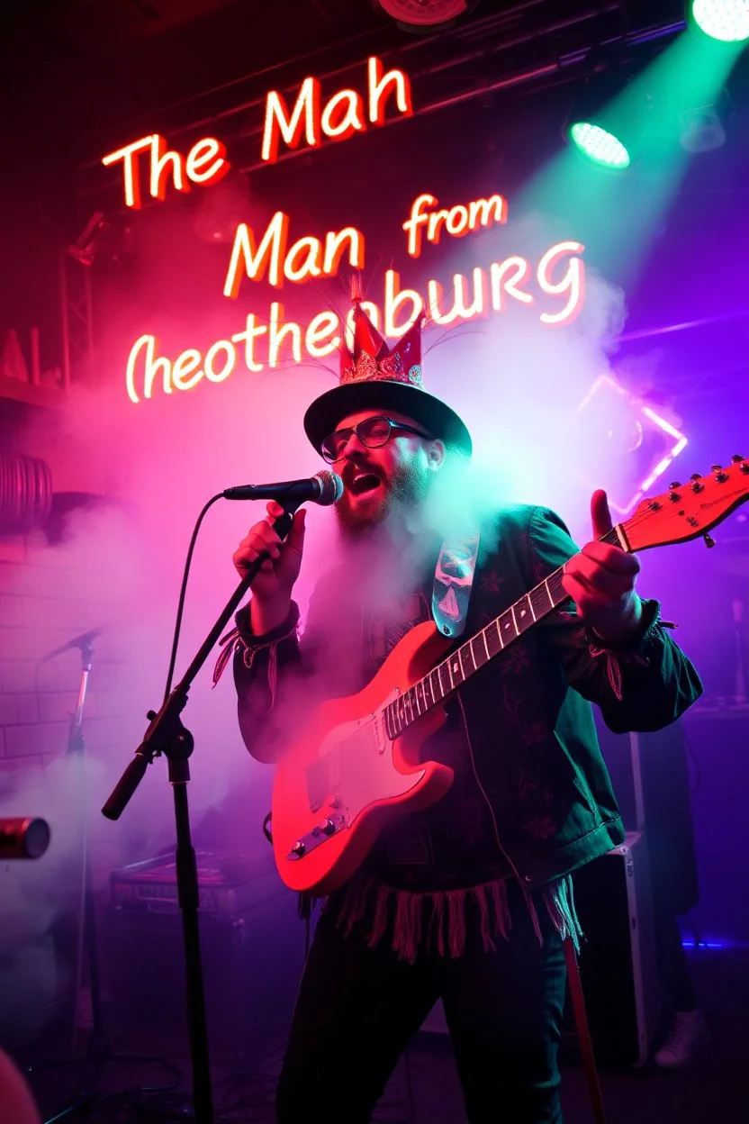 An "Göteborgs kille" performing at dance club, his name is "Mannen från Göteborg" and looks crazy, Balkan things on stage, Neon lights and smog, "Mannen från Göteborg" SIGN ON WALL