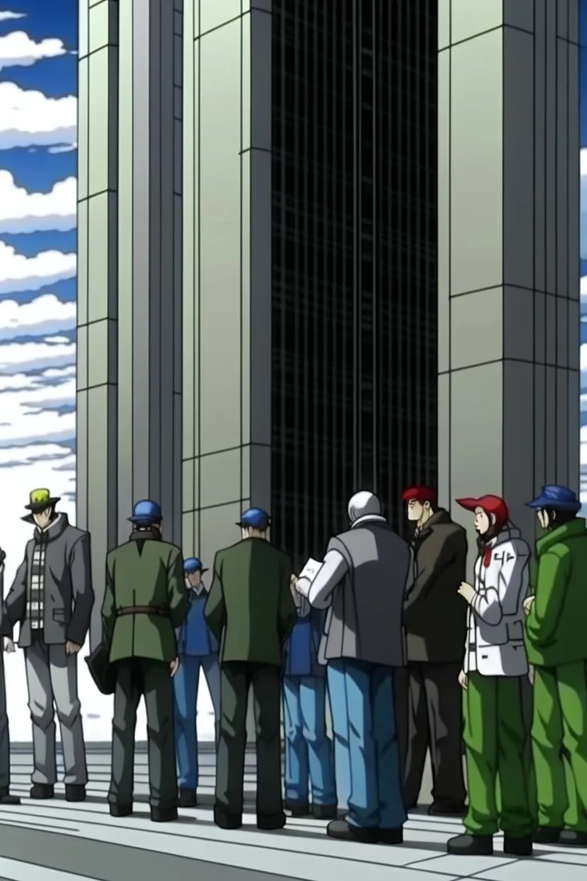 THE LAST GIANTS QUEING UP OUTSIDE CITADEL WAITING TO SIGN DOCUMENT FROM SMALL HUMANS STYLE OF HIROKU OGAI