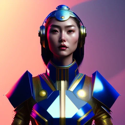 woman, asian, blue, heavily made up face, round helmet, decorative color feathers, retro futuristic, latex coat, soft color, highly detailed, art stations, concept art, smooth, unreal engine 5, god rays, ray tracing, RTX, lumen lighting, ultra detail, volumetric lighting, 3d, finely drawn, high definition, high resolution.