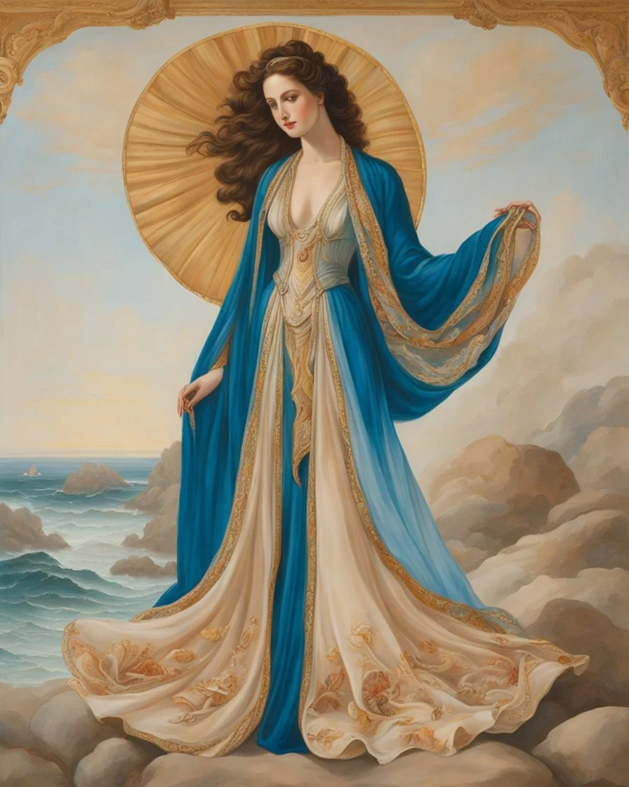 Reimagine the painting using clothing as the primary elements. Transform Venus into a figure wearing an exquisite, flowing gown resembling the sea's waves. Use fabrics and scarves to depict Zephyr and Aura, while seashells and the shell under Venus become fashion accessories. Match the clothing colors and patterns to the original painting, capturing Venus's beauty and grace through fashion.