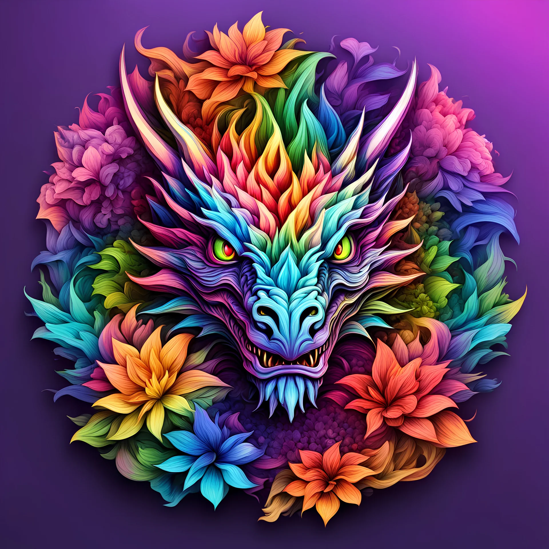 logo design, complex, trippy, bunchy, 3d lighting, 3d, dragon, realistic head, cool rainbow colors, floral, flowers, cut out, modern, symmetrical, center, abstract