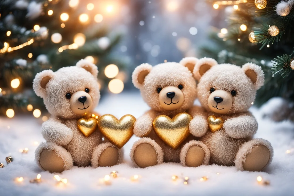 cute teddy bears holding hearts covered in sparkling gold glitter, beautiful winter composition, snowflakes, pine branches, Christmas ornaments and glowing Christmas lights