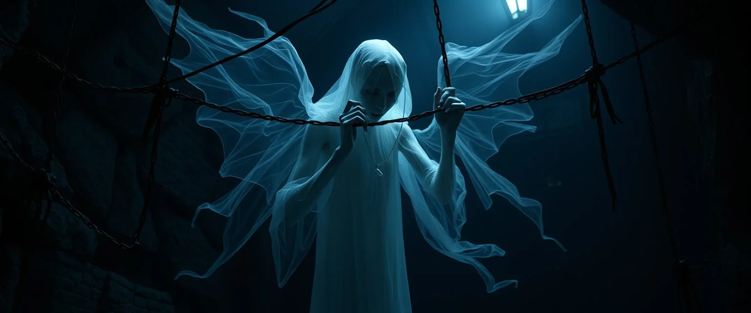 Ethereal ghostly figure fiddling with dungeon trap wires, semi-transparent body, mischievous posture, cinematic dark fantasy style