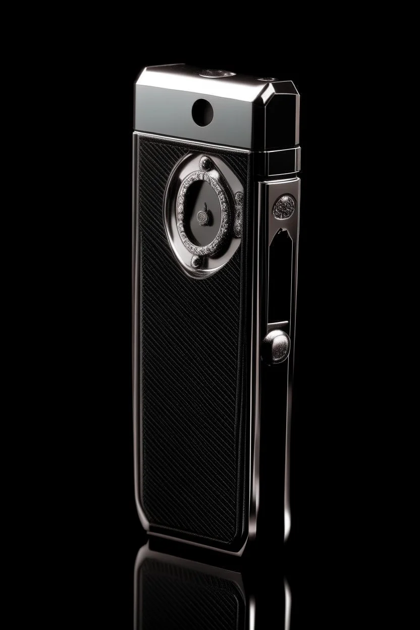 Black cigarette lighter containing a watch engraved with white gold