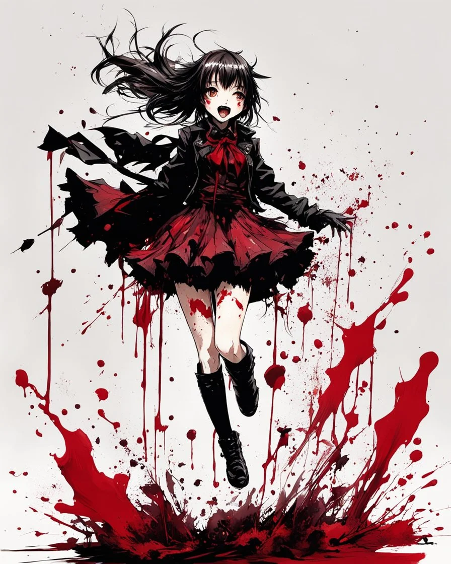 Petit girl goth, jump pose, fullbody, smile, behind blood guts splashes rising from the ground, illustration by <Yoji Shinkawa>, darkred tones,