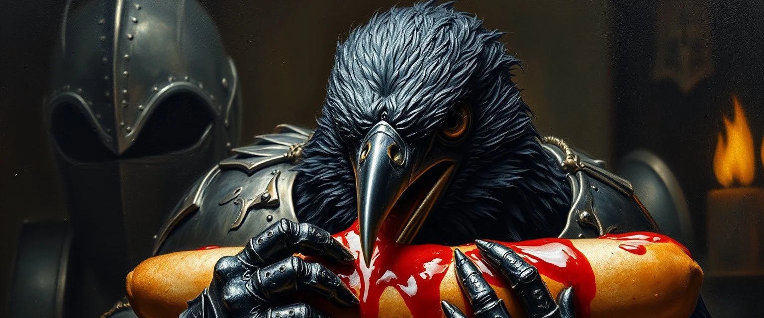 master oil painting by Rembrandt, good afternoon bitch scary blood sparrow, the most dreaded sparrow, close up, in dark blood bath, blood dripping, evil big eyes, scary shining armor, like a count, he is eating a hot dog with a bunch on dark knights