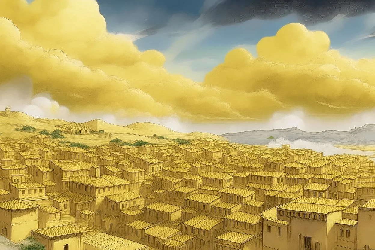 A light yellow Greek town in the cloudy sky designed in ancient Greek pottery painted by Guo Xi