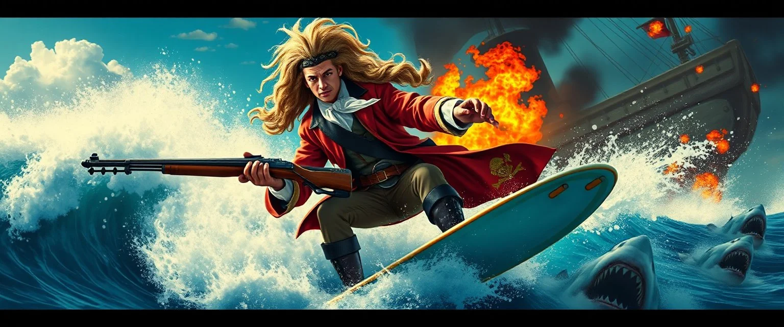 movie poster, pirate shotgun Amadeus Mozart playing with his wig, looking hot and crazy on a surfboard on a big wave, burning ship, and pissed of sharks