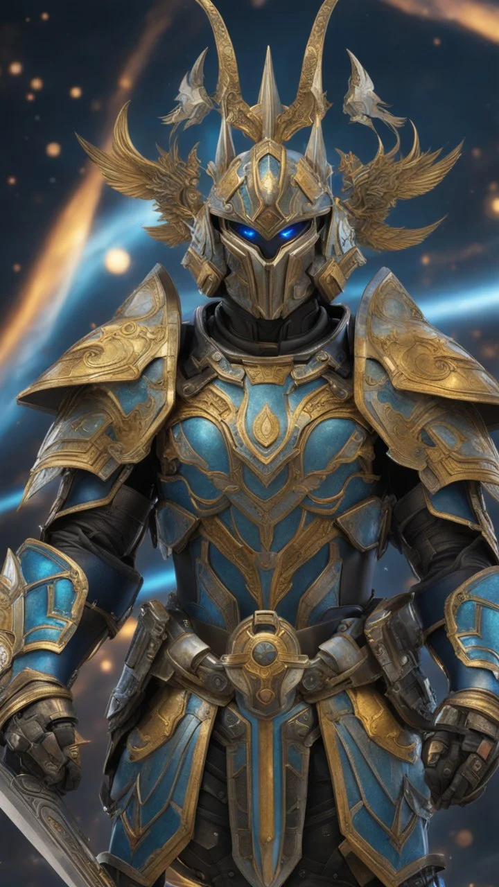 A close picture to cosmic warrior, cosmic galaxy armor intricate details, highly detailed, in dreamshaper finetuned model with dynamic art style witg