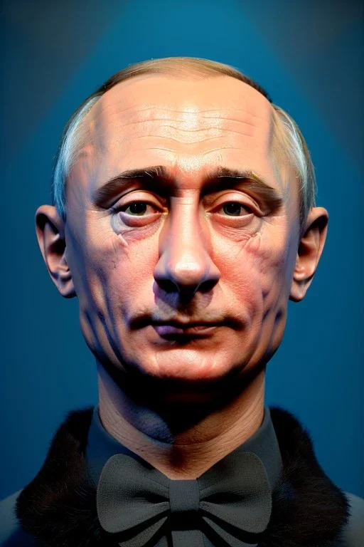 Waist up muppet Portrait, Vladimir Putin as muppet doll, Black suit, photo studio, blue background, unreal engine 5, concept art, art station, god lights, ray tracing, RTX, lumen lighting, ultra detail, volumetric lighting, 3d.