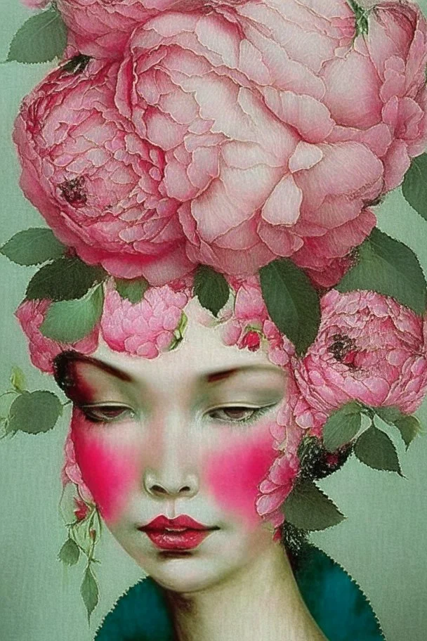 A woman's face with peonies, digital art by artist "Catrin Welz-Stein"