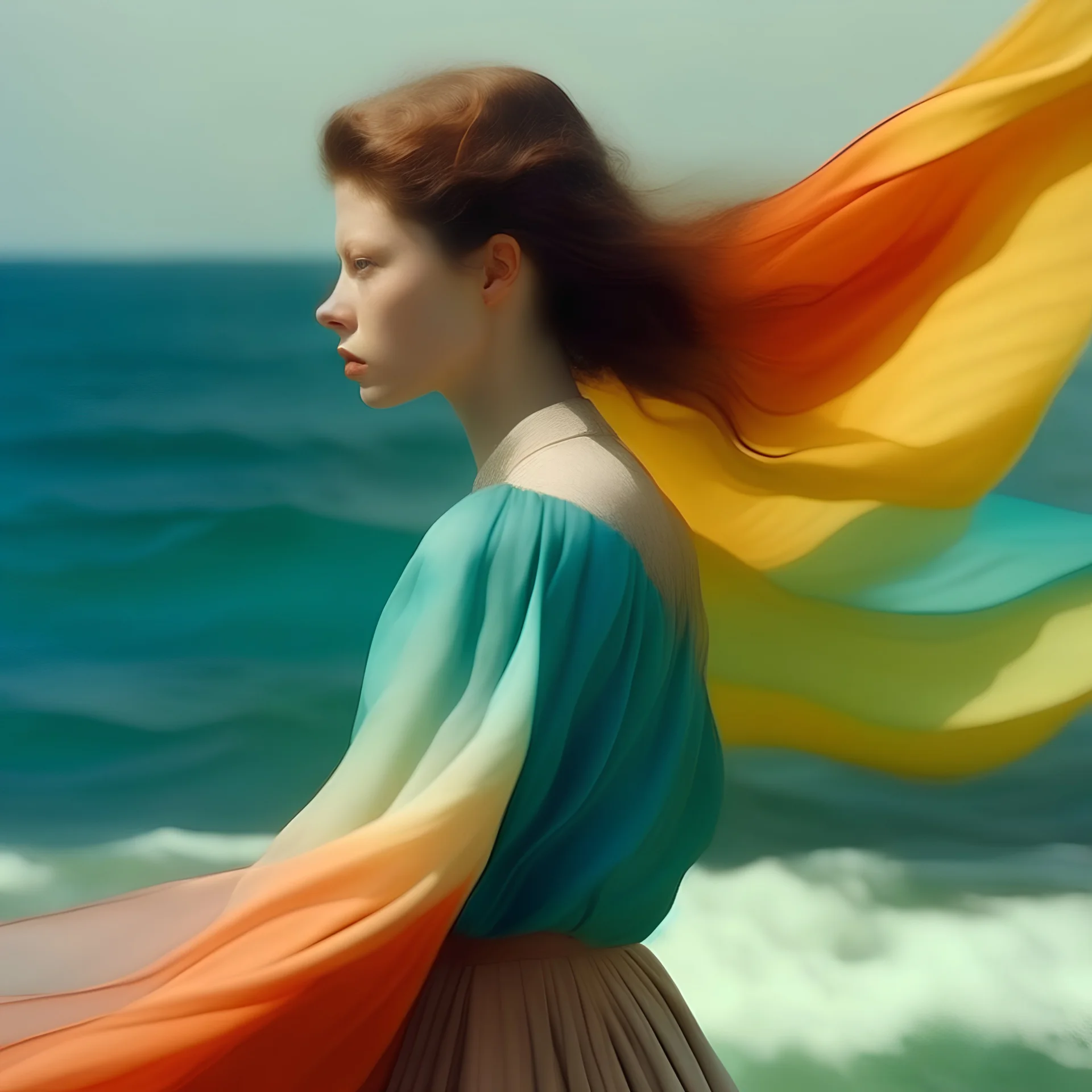 Autochrome, Mia goth, A white curtain above the sea, turquoise, pink, orange, yellow, wind blowing