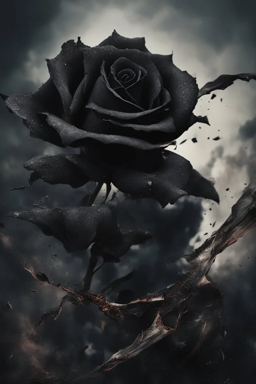 Close up of a broken man crushing a black rose and blowing the ashes In the wind, highly realistic, Gothic, sad, 8k quality, abstract background